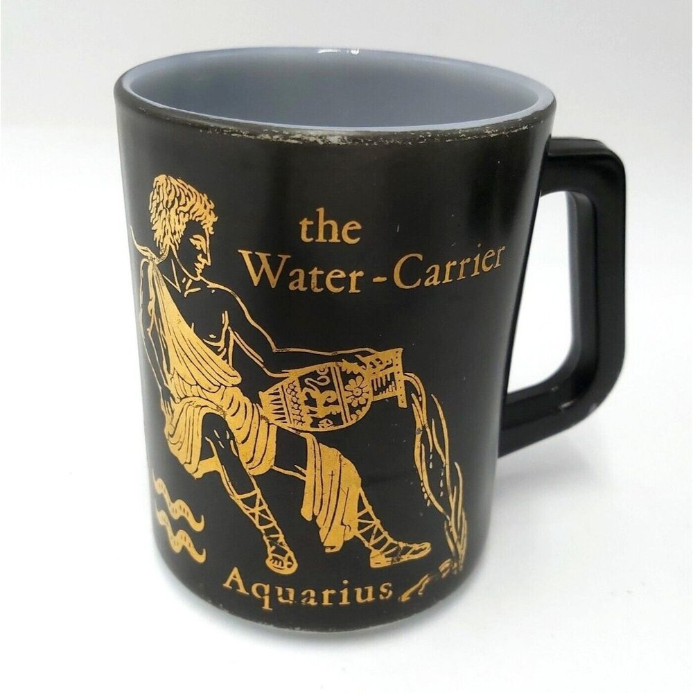 Federal Glass Zodiac Mug-Black and Gold-Milk Glass-1970s-Aquarius-Water Carrier